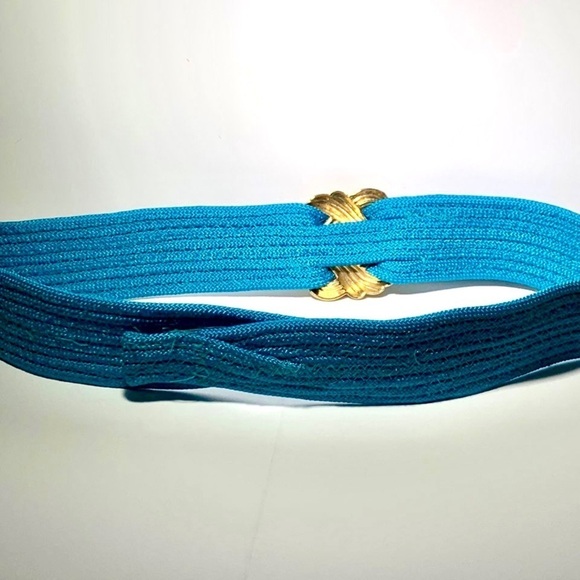 VTG 70s Women's M/L Blue MOD Boho Belt Braided Gold Buckle Accent - Picture 2 of 6